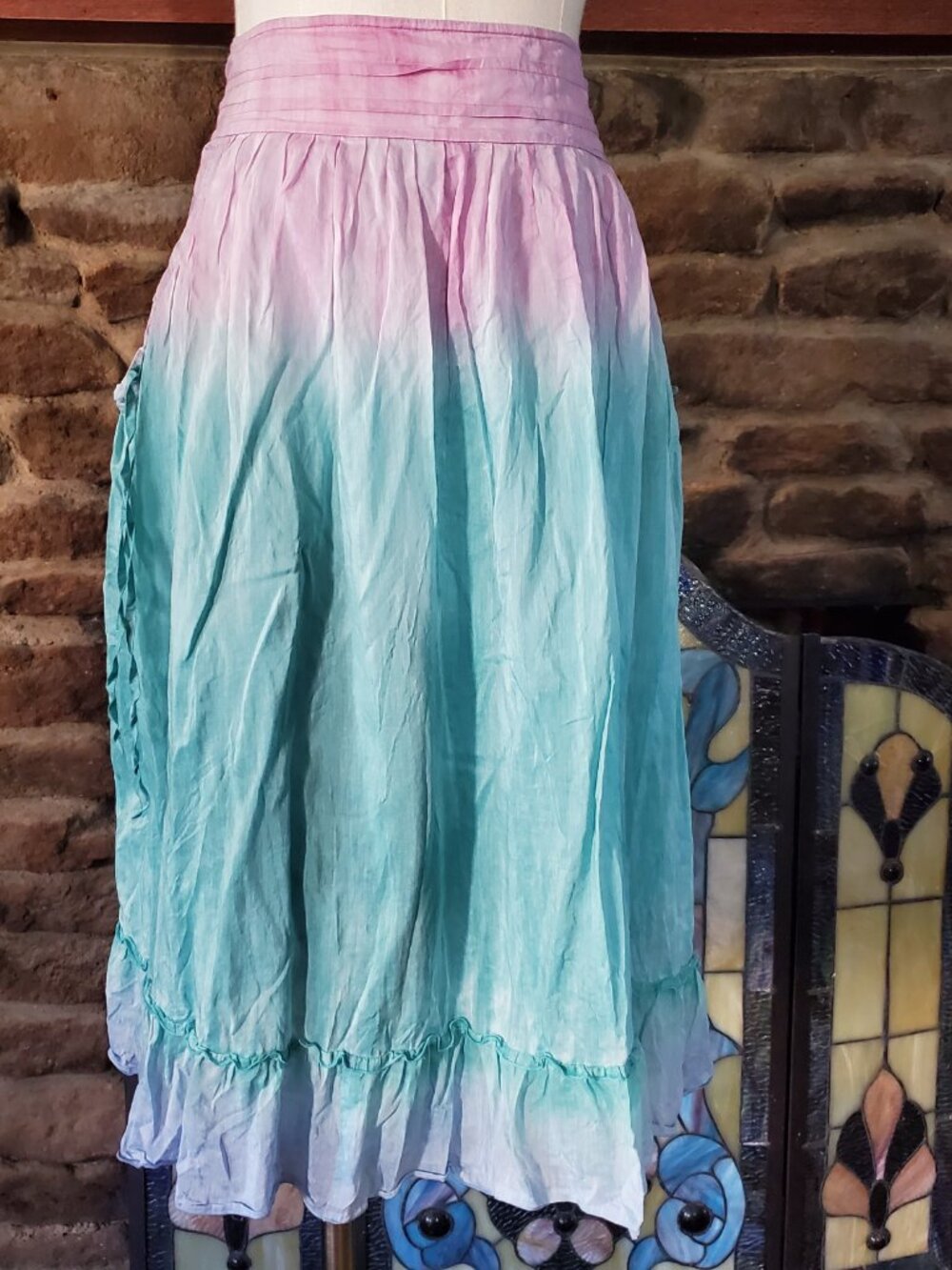 Cynthia Steffe Silk Cotton Midi Skirt 10 Ombre Dip Dye Pink Teal Pockets Ruffle